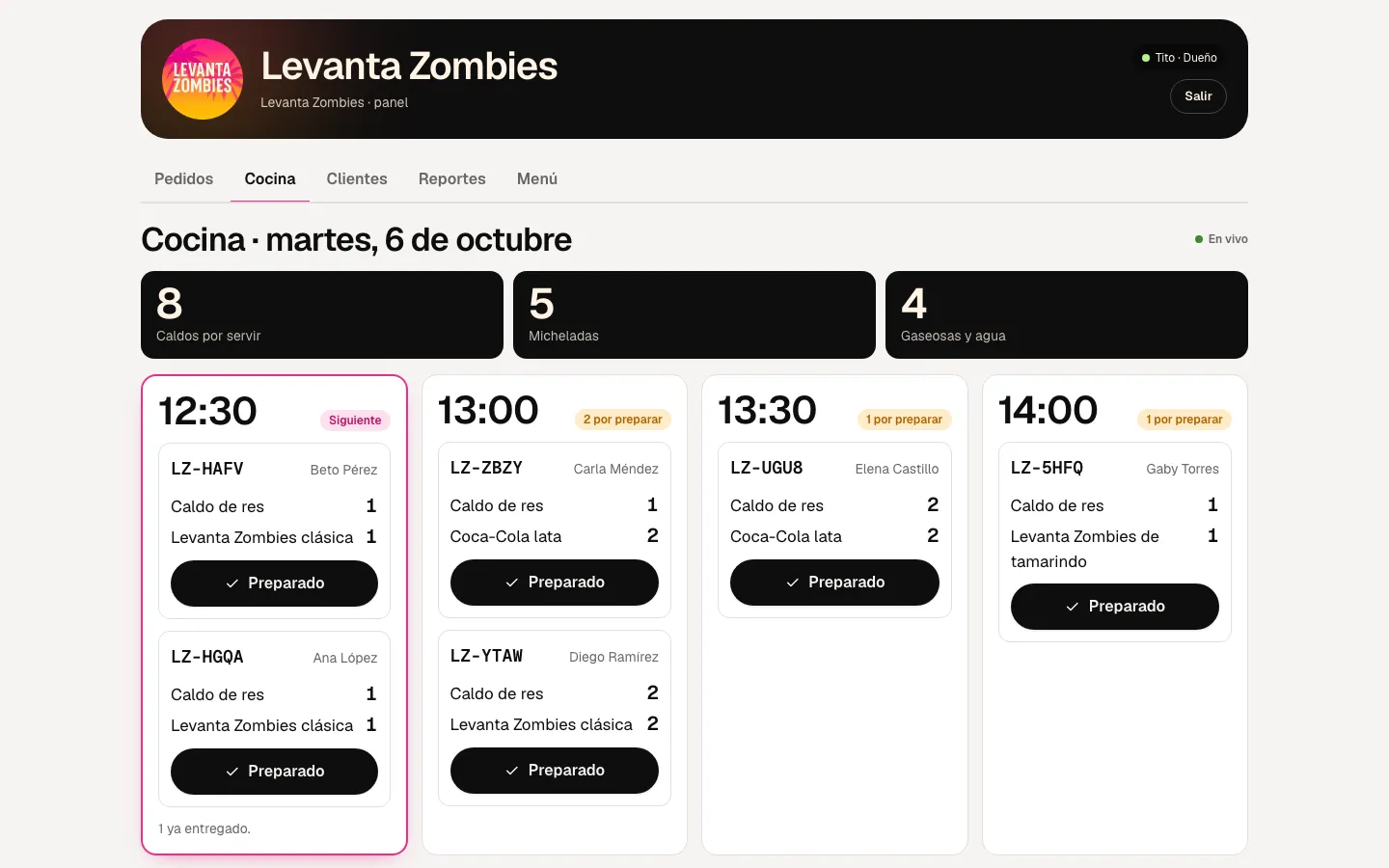 Panel de Levanta Zombies: Cocina en vivo