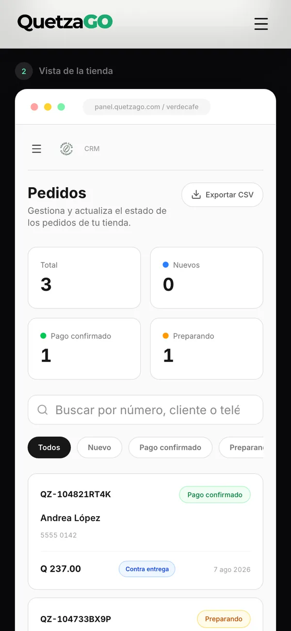 QuetzaGO: Demo: panel de pedidos
