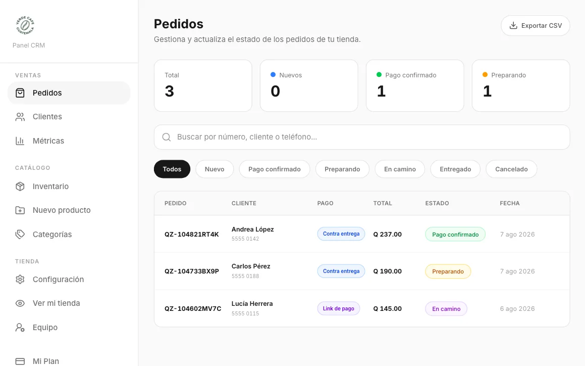Panel de QuetzaGO: Pedidos de la tienda