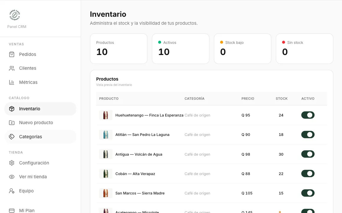 Panel de QuetzaGO: Inventario